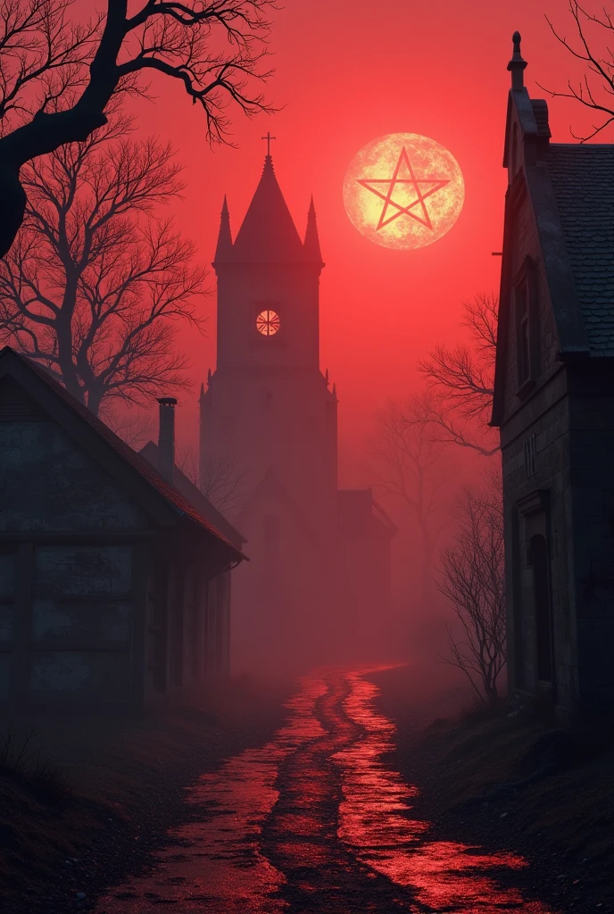 haunted village in the year 1666 add blood satanic symbols and remove people put