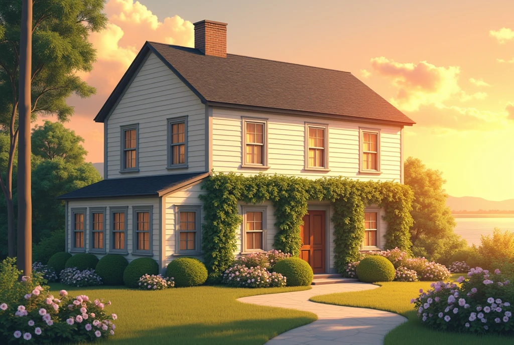 House, two floors, cream paint, ivy on an exterior wall, plain, Sunset, Beautiful.
