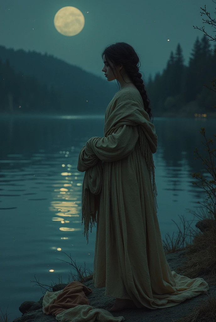 Beautiful girl dressed in old clothes is standing by the lake at night holding the clothes of her male friends.