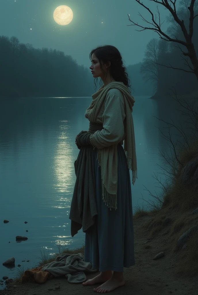 Beautiful girl dressed in old clothes is standing by the lake at night holding the clothes of her male friends.