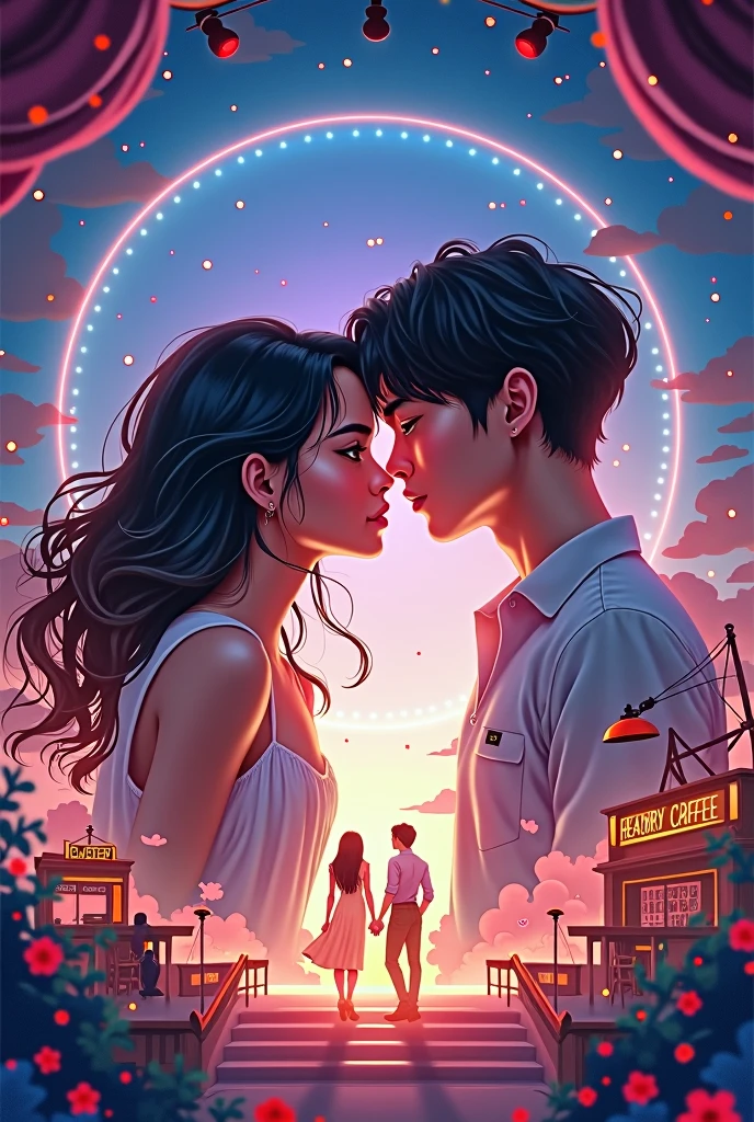 Create a book cover with the title Melody of Destiny A cover containing a stage, uma cafeteria chamada Heavelyn Coffe e no centro Camila Cabello e Jeon Jungkook