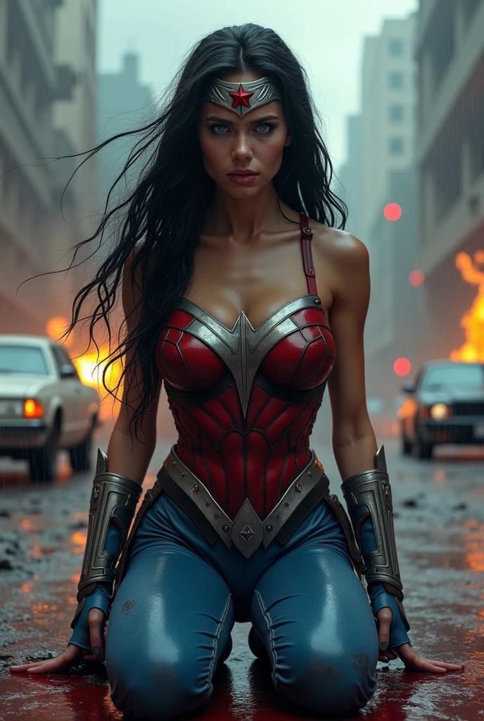 ((A beautiful woman under the mantle of the Amazon warrior Wonder Woman has long hair, black with a silver metal diaema this Diaema wears a red star on her forehead,His eyes are light blue. Her superheroine costume is samurai themed.. Usually (((Her costume includes a blue jumpsuit and a red armor top over her jumpsuit.))) on her knees screaming exhausted after an extensive battle blood around her in a rainy apocalyptic city cars and buildings on fire)))