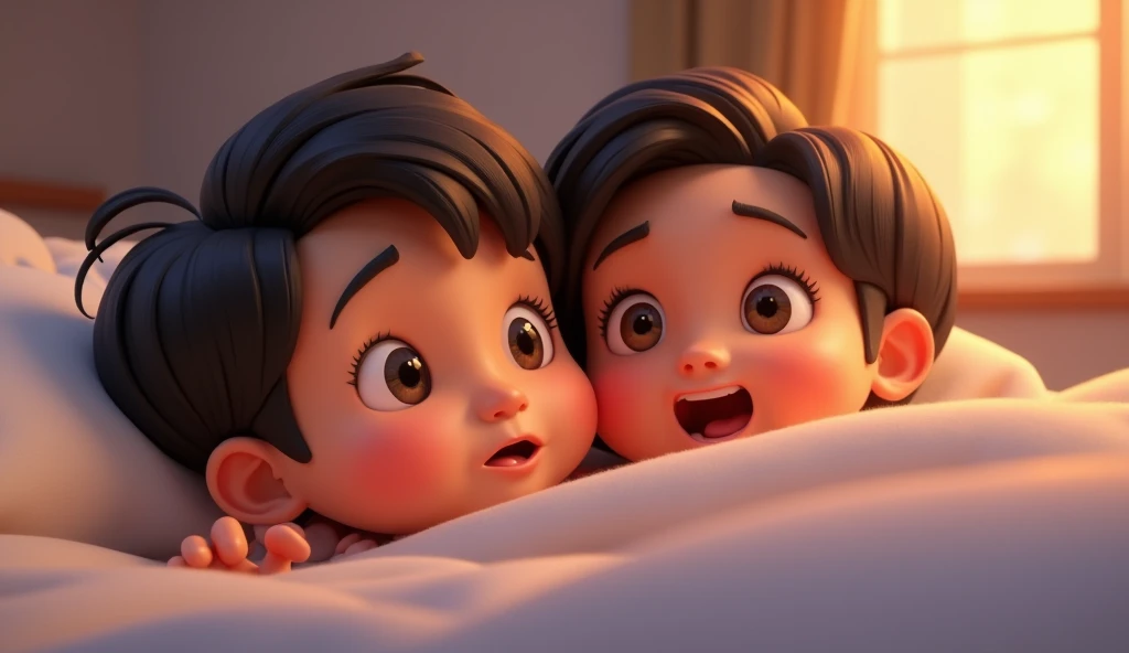 Generate in cinematic 3d cartoon style The mother’s expression of shock and joy as she sees her child waking up, healthy and full of life.