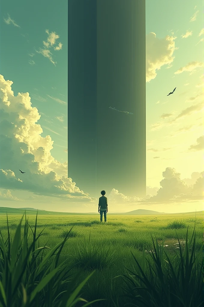 A field , there a spectal like building, black colour, sun, grass, a anime character guy standing 