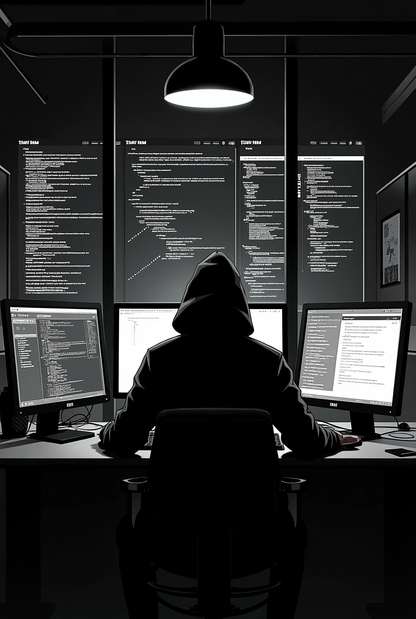 black and white hacker type vector manga multiple screens horizontal
