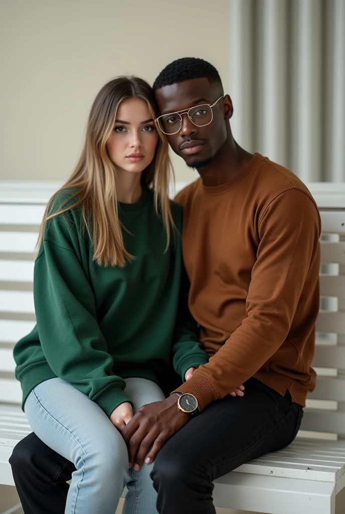 best quality:1.4), (ultra-high resolution:1.2), (photoshotrrealista:1.4), (8k, photoshot:1.2), a thin 20 year old, skin black, beardless face, corte de cabelo Buzzcut. thin build. He is wearing a brown long sleeved shirt. He is wearing black jeans. He is wearing clear prescription glasses. He is sitting on a white bench with a seductive look. corte de cabelo Buzzcut. white cap back. a 20 year old. Long straight blonde hair with black highlights. green sweatshirt. light jeans. They are taking a selfie of their faces.