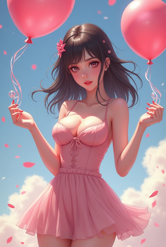 Vẽ một cô gái anime có một ngoại hình nóng bổng. Một làn da trắng mặc một bộ váy ngắn có hở nữa phần ngực. Dùng một cây cúng để bắn những quả bóng bay helium