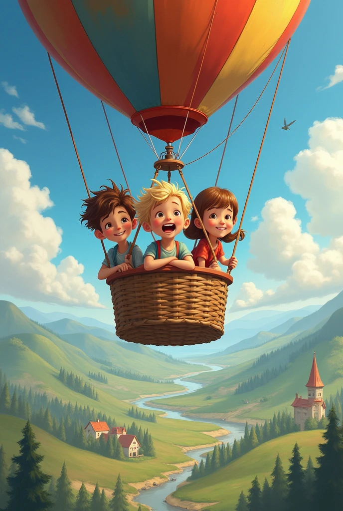 3 children flying in a hot air balloon, 2 boys and 2 girls