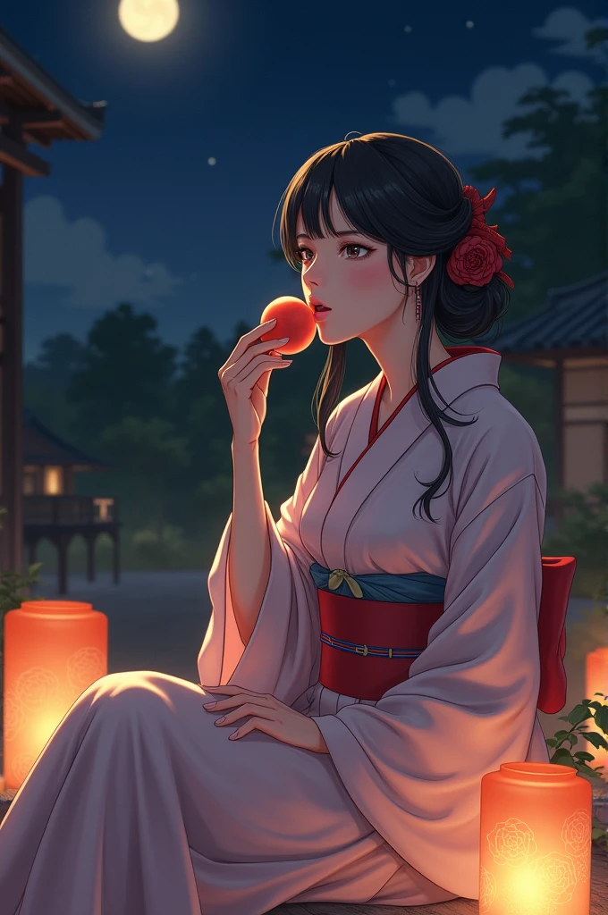 Japanese beautiful woman is eating peach in the night light
