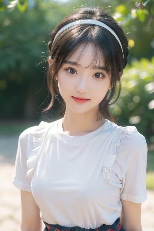 ((SFW: 1.4)), ((Detailed face, professional photography)), ((SFW, headband, t-shirt, ruffled skirt, 1 girl)), super high resolution, (actual : 1.4), Original photo, Best quality, (Photo actual Stick), Focus, Soft light, (()), ((Japanese)), (( (Young face))), (Surface ), (depth of field), masterpiece, (actual), lady, bangs, ((1 girl)) logo hair with smile face