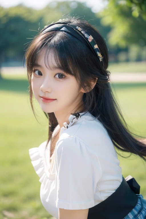 ((SFW: 1.4)), ((Detailed face, professional photography)), ((SFW, headband, t-shirt, ruffled skirt, 1 girl)), super high resolution, (actual : 1.4), Original photo, Best quality, (Photo actual Stick), Focus, Soft light, (()), ((Japanese)), (( (Young face))), (Surface ), (depth of field), masterpiece, (actual), lady, bangs, ((1 girl)) logo hair with smile face