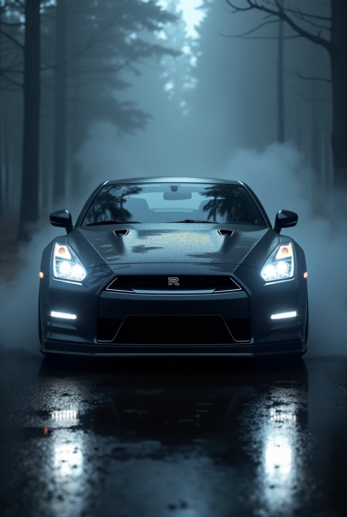 A close-up shot of a black R35 , its headlights piercing through the darkness, with a misty forest background."