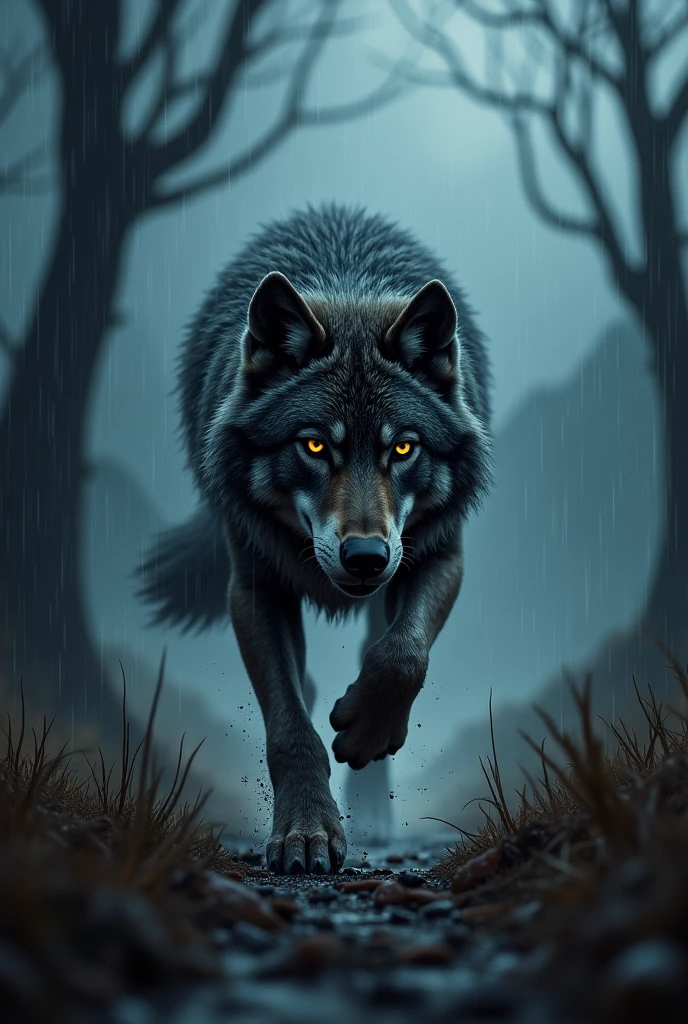 Lone wolf wounded in the eye on the rainy night running