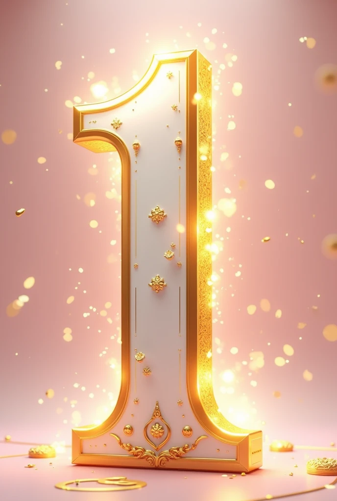 Create the number 1 birthday, with thick 3D lettering with a gold outline and a light pink gradient, with fantasy theme, with golden stars and spiral patterns, Number 1 must resemble the real appearance and be white in color., Predominantly pink with intricate bright gold embellishments with rich patterns. The overall aesthetic should be magical and majestic.., making the number 1 look like the number of a fantasy kingdom.