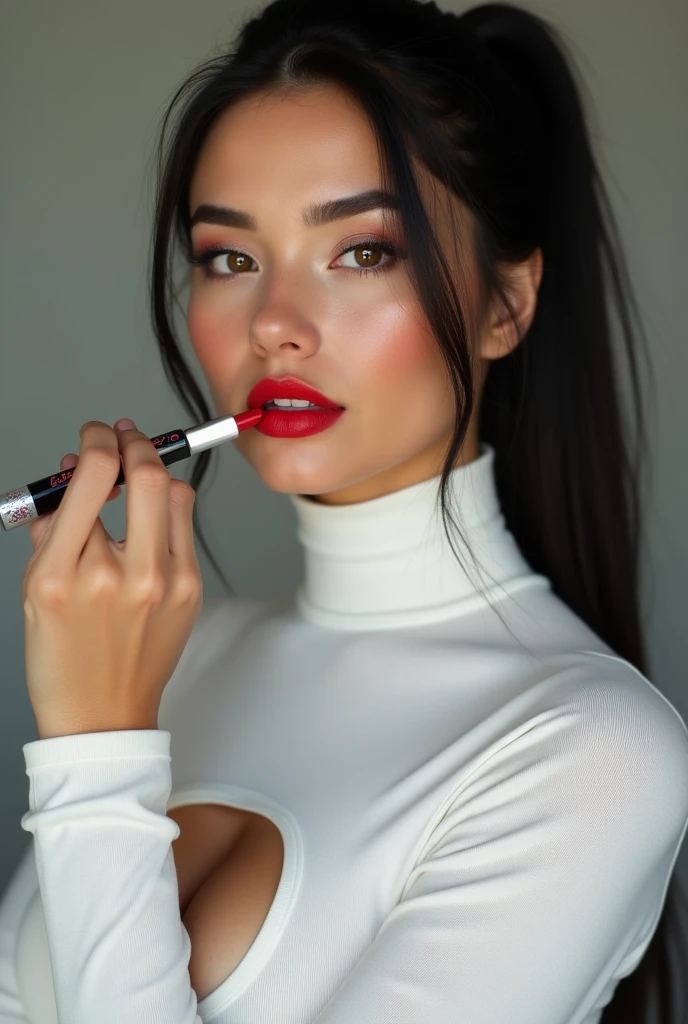 ultra realistic, photography, portrait, close-up, extreme close-up, long black straight hair in a ponytail, (30 years old, hazel eyes, hourglass figure, perfect fit body, slightly tanned skin, natural big breasts), she is wearing a tight white turtleneck top with a little window for cleavage, she is re-applying red lipstick onto her lips, her mouth is open