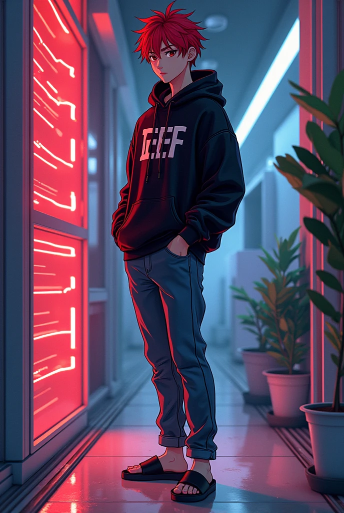 I want to make a cover similar to a game code or ID, anime style, red hair, black hoodie, jeans and slippers, must have the words NO X TEEP SHOP.