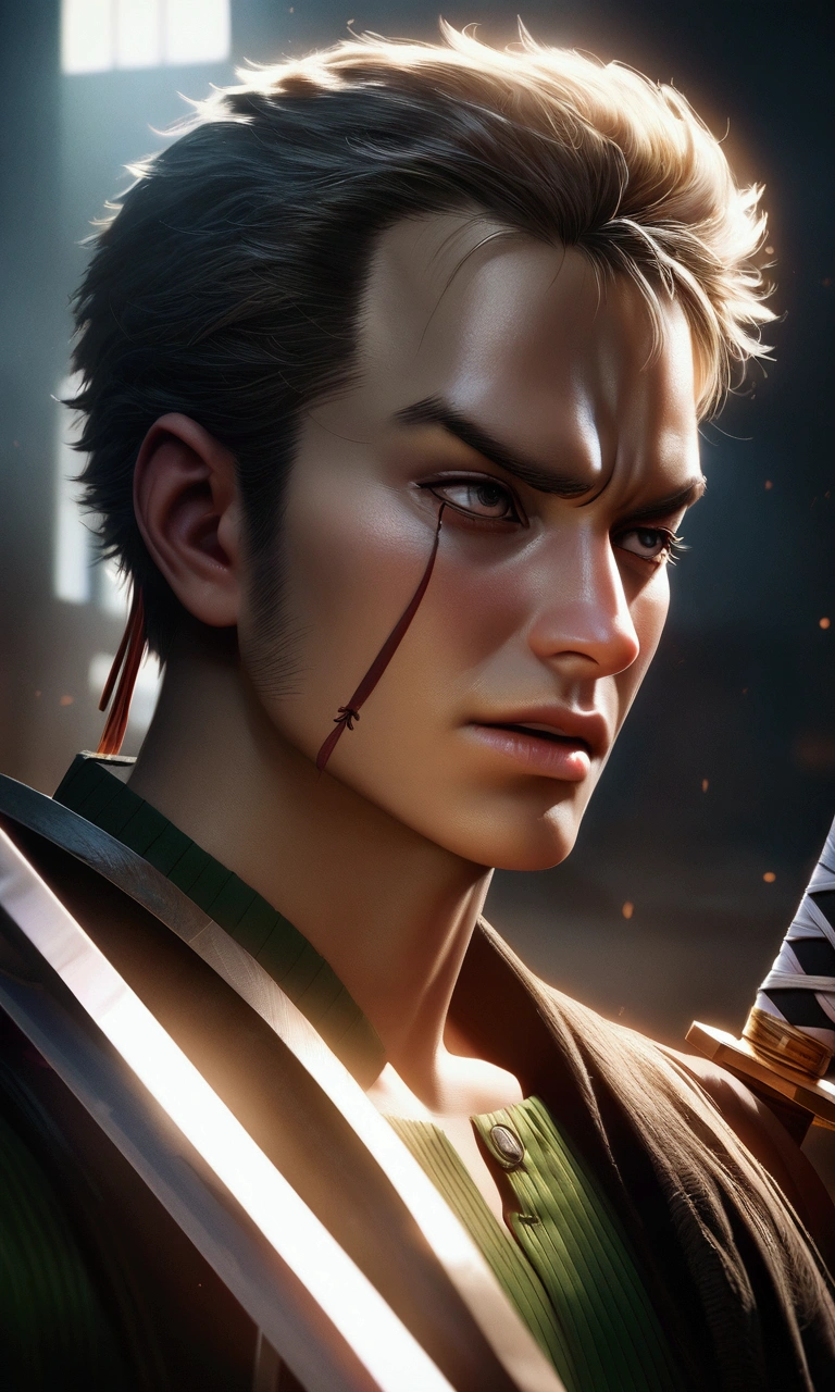 Roronoa Zoro, 3 swords, Sony FE camera, detailed swords, detailed clothing, extremely detailed portrait, intricate facial features, intense expression, dramatic lighting, cinematic composition, photorealistic, 8K, HDR, high quality, digital art
