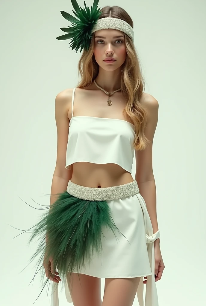 dressed in a short white thigh-length skirt, with a white belt that has green and dark feathers stuck to it, white sleeveless crop top with an accessory made up of feathers in different shades of dark green worn on the side of the head, held by a band that wraps around the forehead.