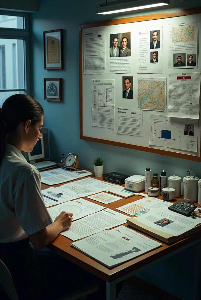 Criminological profile material on the table and wall to study it
