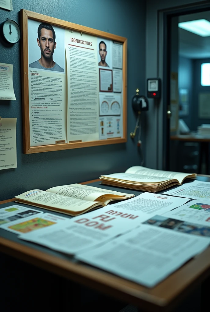 Criminological profile material on the table and wall to study it 