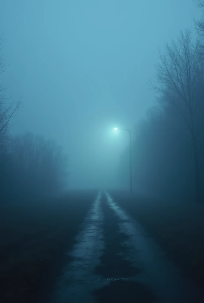  Imagine a dark scene with a bluish tint, conveying a sense of melancholy. The scene takes place in a completely empty location., where the fog covers the ground, obscuring the view in the distance. Light is dim, almost non-existent, but there is a soft glow that reflects in the mist, creating shadows and diffuse contours. The environment seems cold and desolate, with a feeling of loneliness permeating the air.