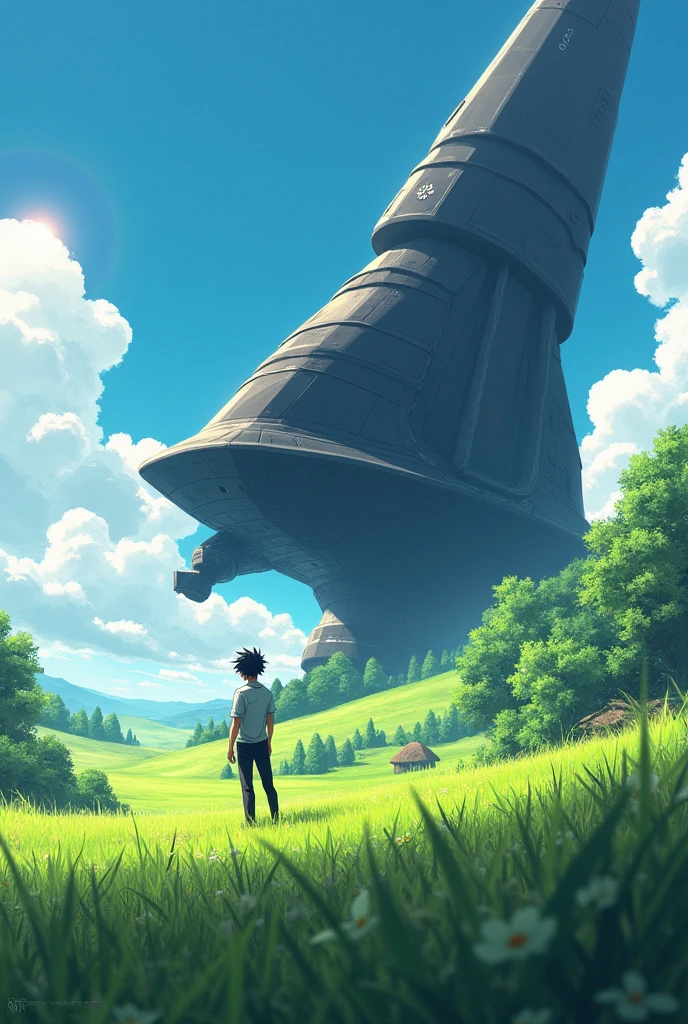A field , there a space ship like building, black colour, sun, grass, a anime character guy standing ,