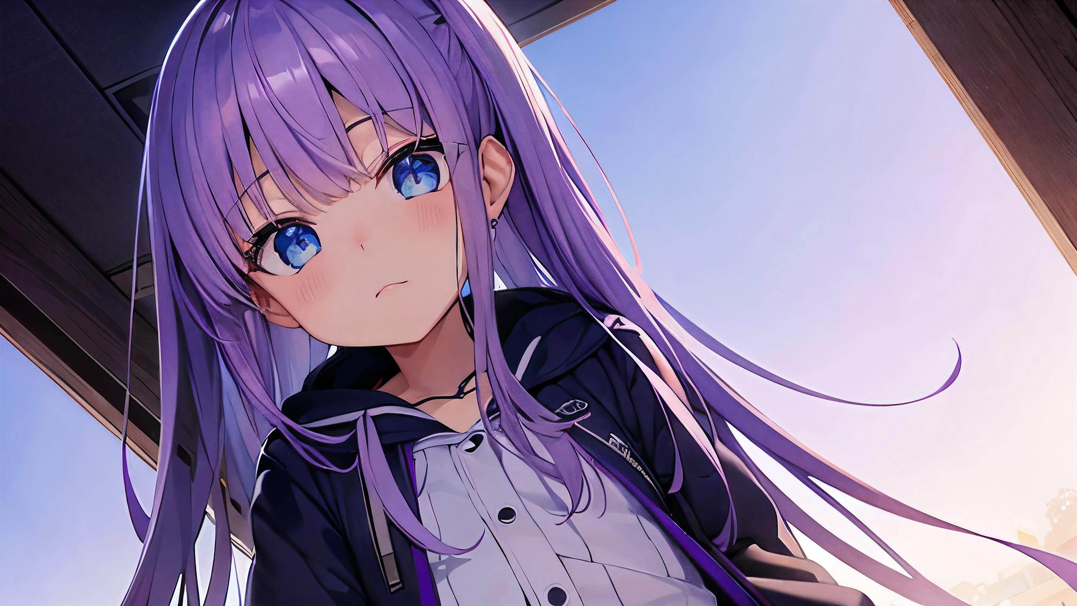 Purple Hair Parker、blue eyes、Near future、cool、Angle from below