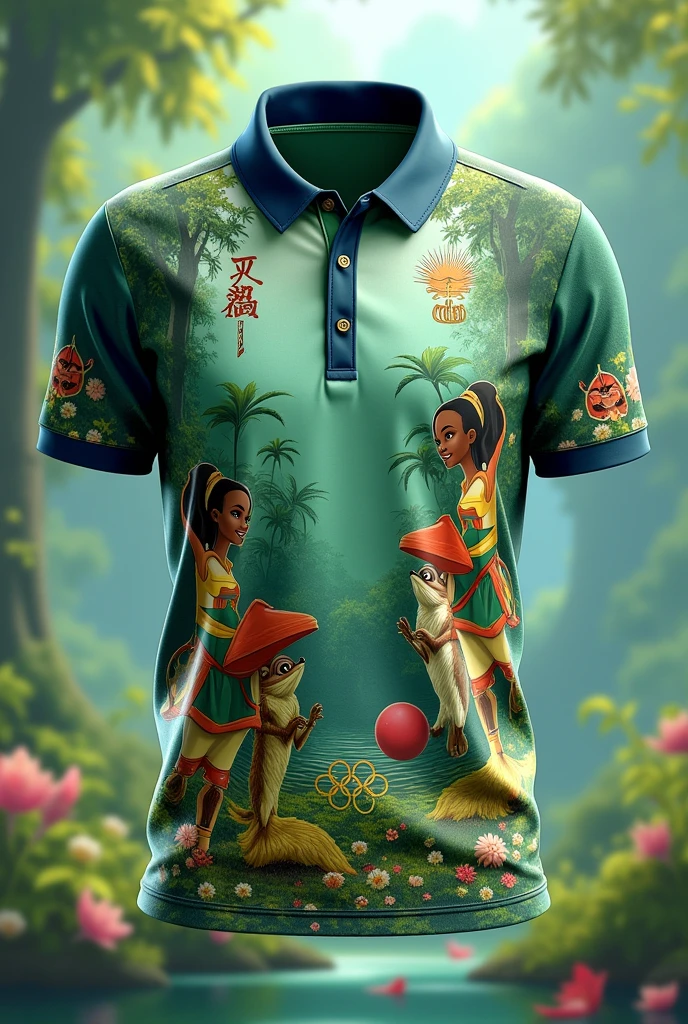 Create a polo shirt like the one worn by iconic soccer players for an Olympics themed shirt “The Princess and the Frog” Disney
