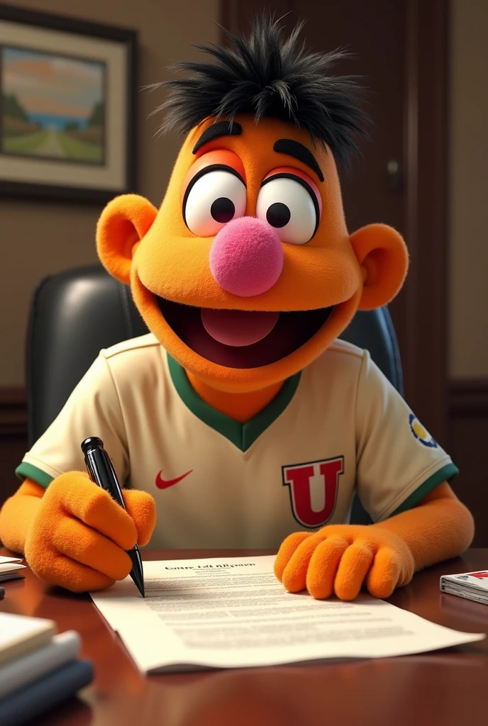 pancho sesame, character from the animated series Sesame Street, with a cream soccer jersey and a cherry U on the heart side and is signing a contract