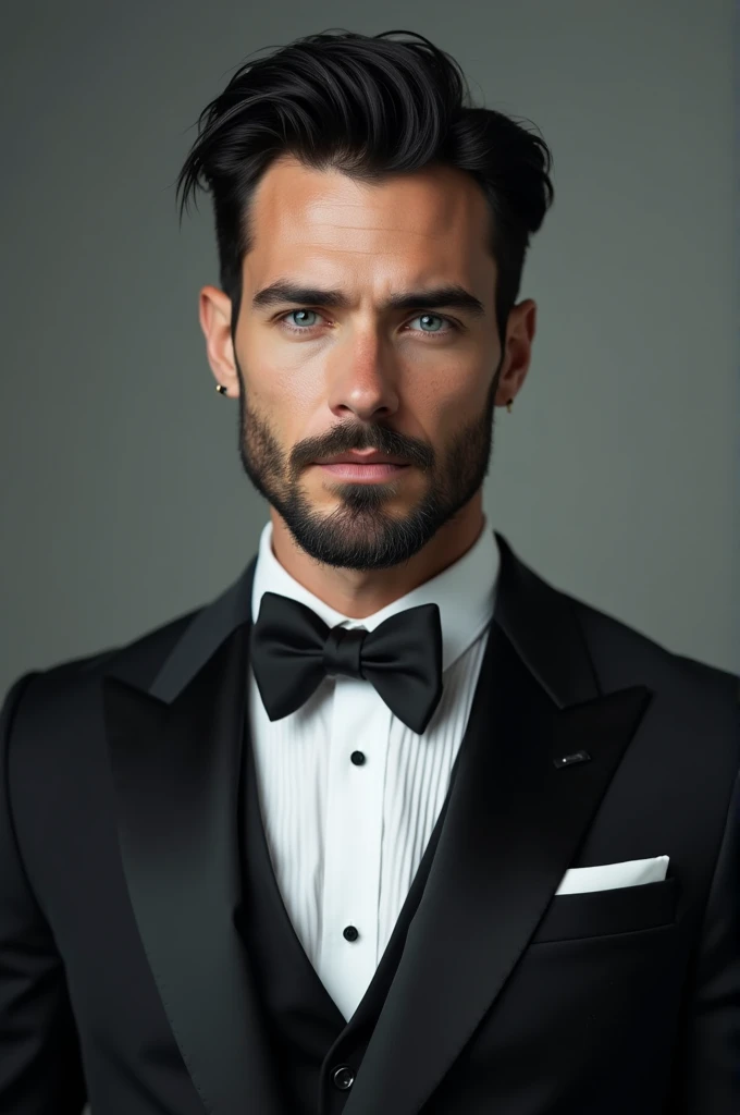 2 man, handsome, pale white skin, black hair, blue eyes, Well-groomed beard, Prominent chin. Elegant suit and tie dress