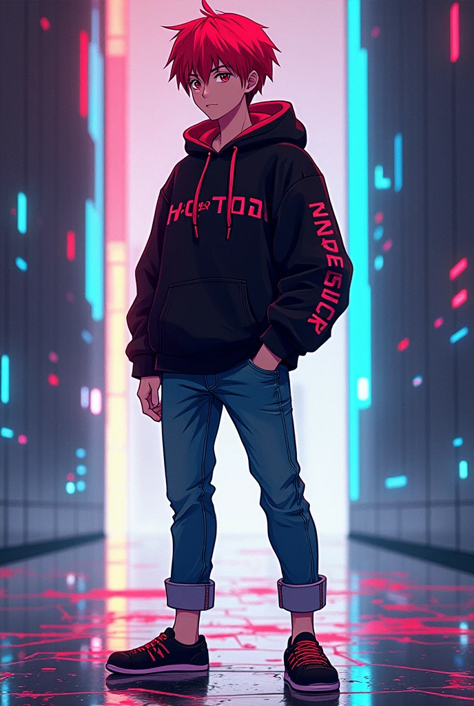 I want to make a cover similar to a game code or ID, anime style, red hair, black hoodie, jeans and slippers, must have the words NO X TEEP SHOP.
