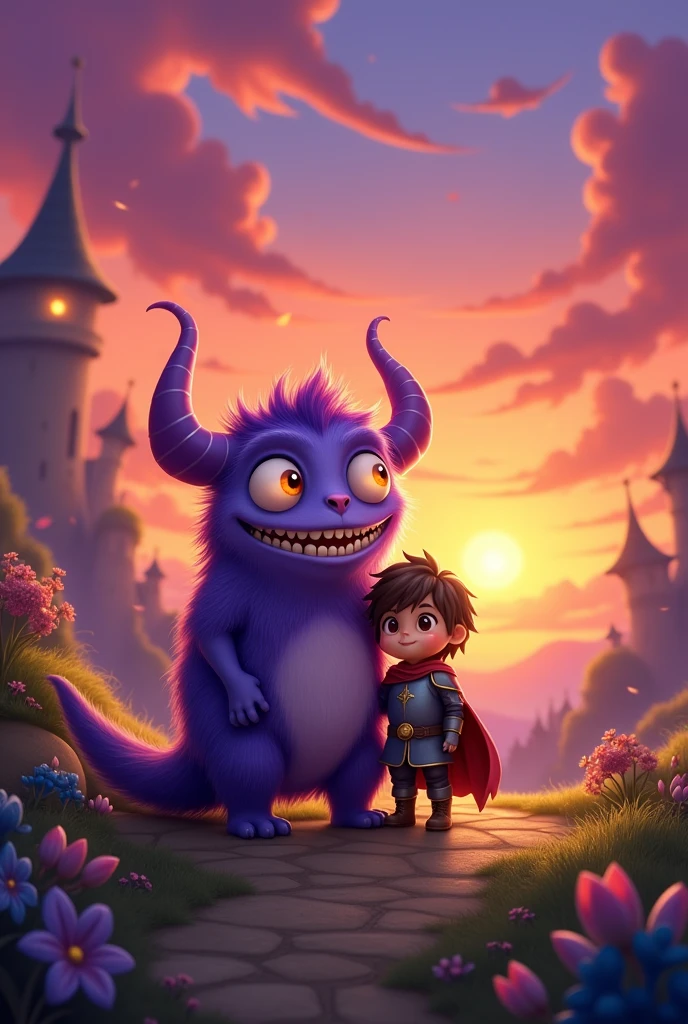 Purple little monster and little hero under the sunset