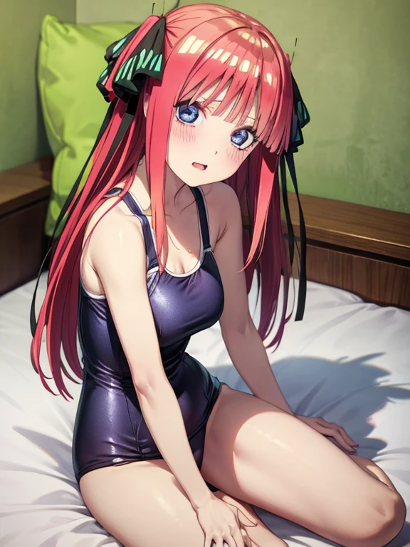 best quality, insanely detailed, nino nakano, breasts, blush, bedroom background, looking at viewer, cheerful eyes,arousal, one-piece swimsuit, old school swimsuit