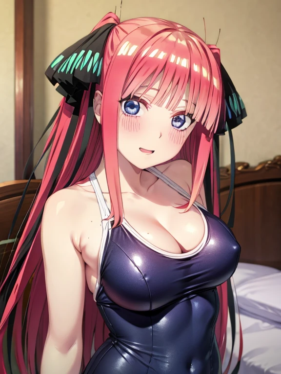 best quality, insanely detailed, nino nakano, breasts, blush, bedroom background, looking at viewer, cheerful eyes,arousal, one-piece swimsuit, old school swimsuit