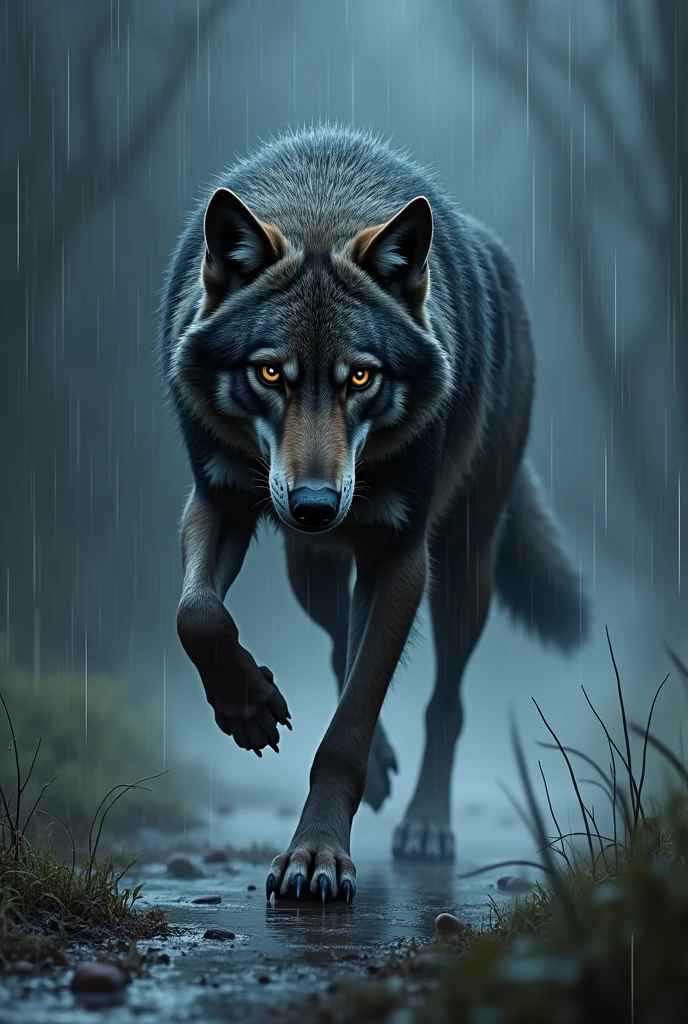 Lone wolf wounded in the eye on the rainy night running away