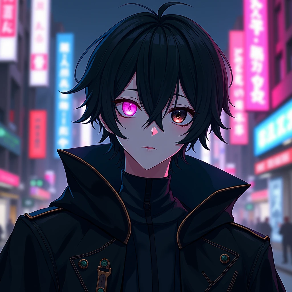 An anime character: White man with one black eye and one pink eye. Her hair is black and medium. He is wearing a black cloak. Ao fundo, a cyberpunk setting full of neons.