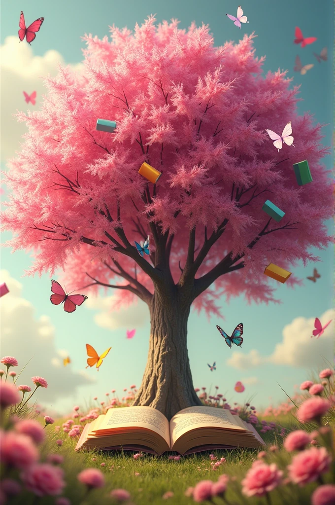 A pink tree with books hanging, colorful butterflies flying and saying April