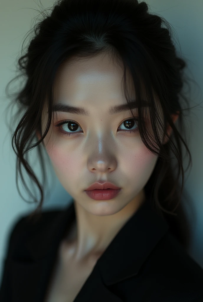 Beautiful Korean woman with evil eyes thick eyebrow straight nose ,looking at tooth