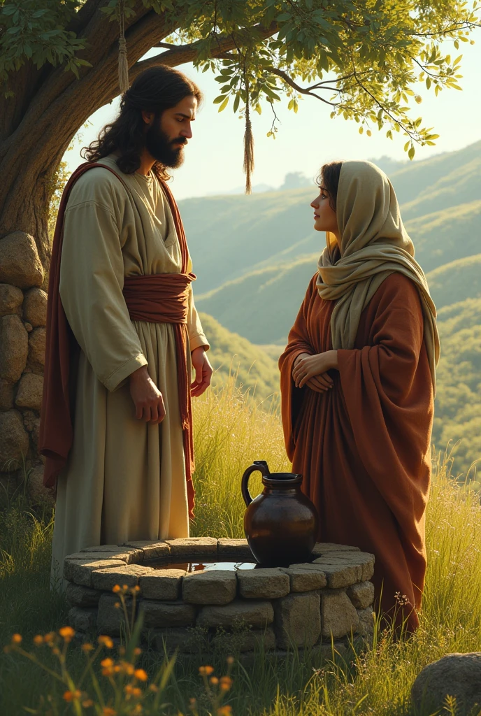 Jesus and the Samaritan woman with her face covered with a jug meeting at an old well in the field