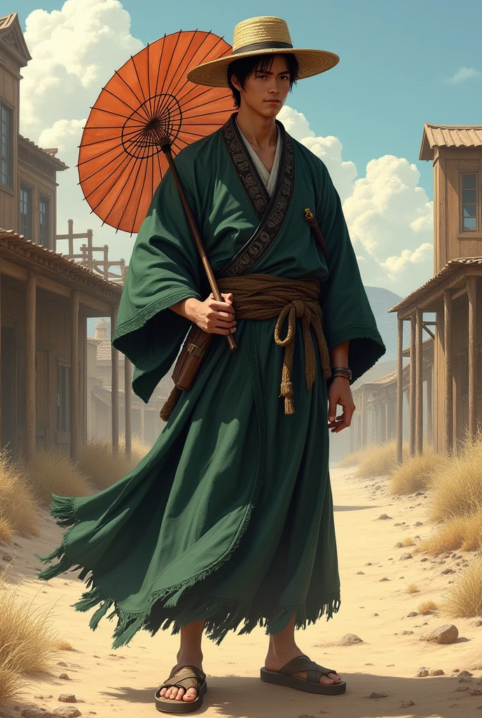 I would like a man with short black hair wearing a straw hat on his head, dressed in a black and green kimono, and sandals on his feet. He carries an umbrella with him. I would like the style to be mature, with the art in a fantasy RPG style set in the Old West.