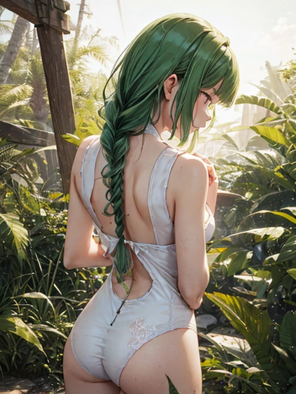 {{{bunny back}}},white bunny suit,from back,yugumko, green hair, long braid, (((masterpiece))), (((Portraiture))), Kujou Sara, Diffuse Light, Dynamic Shadows, Sharp focus, Genuineistic, detailed, High resolution, Absurd, White Background, very good, photoGenuineistic, Genuine, mascara, blush, Sleeveless, like々New Look, (((Place your hands behind your back)))