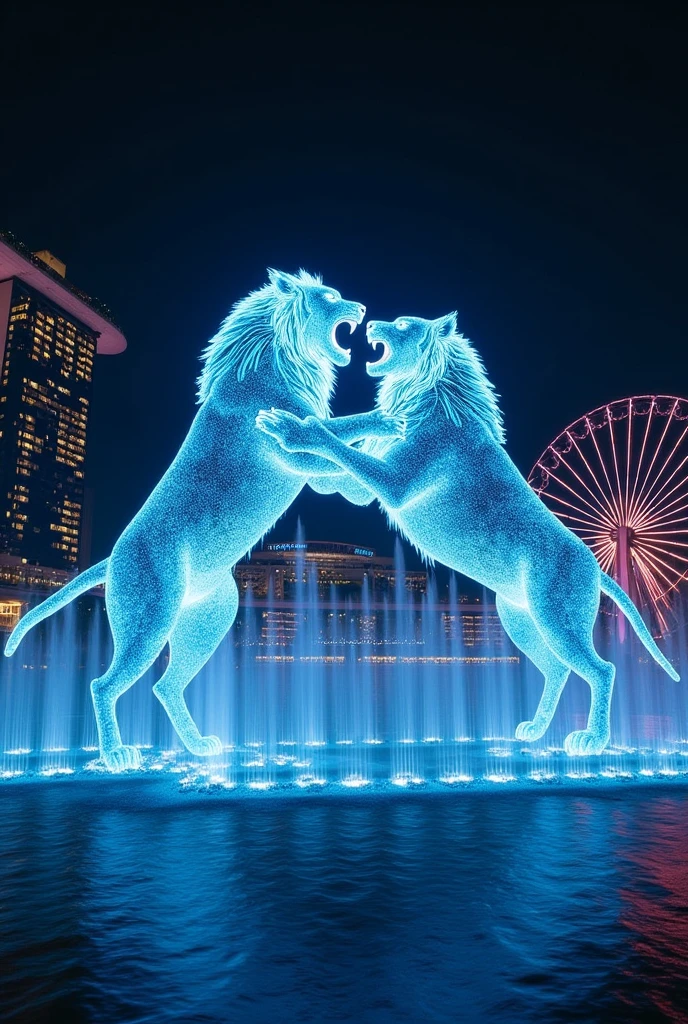 Singapore Marina Bay Sands Laser Light and water Show with hologram image of animal fighting animal