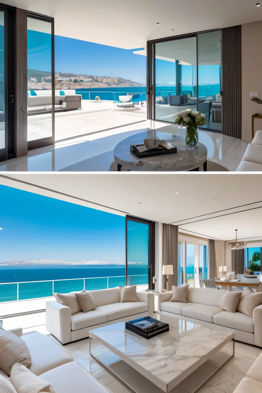 - "A luxurious living room with white marble floors, high ceilings, and large panoramic windows overlooking a stunning coastal view with yachts and mountains."
- "An elegant interior with all-white modern furniture, a large square coffee table, and a breathtaking view of a Mediterranean-style seaside town through floor-to-ceiling windows."
- "A high-end villa living room with a spacious seating arrangement, surrounded by marble a
