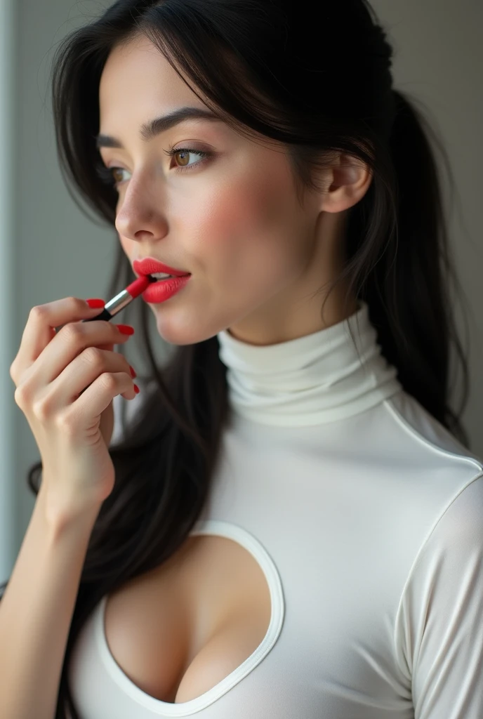 ultra realistic, photography, portrait, close-up, extreme close-up, long black straight hair in a ponytail, (30 years old, hazel eyes, hourglass figure, perfect fit body, slightly tanned skin, natural big breasts), she is wearing a tight white turtleneck top with a little window for cleavage, she is re-applying red lipstick onto her lips, her mouth is open