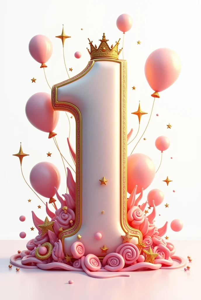 Create the number 1 birthday on a white background, with thick 3D lettering with a gold outline and a light pink gradient, with fantasy theme with balloons, with golden stars and spiral patterns, Number 1 must resemble the real appearance and be white in color., Predominantly pink with intricate bright gold embellishments with rich patterns. The overall aesthetic should be magical and majestic.., making the number 1 look like the number of a fantasy kingdom.