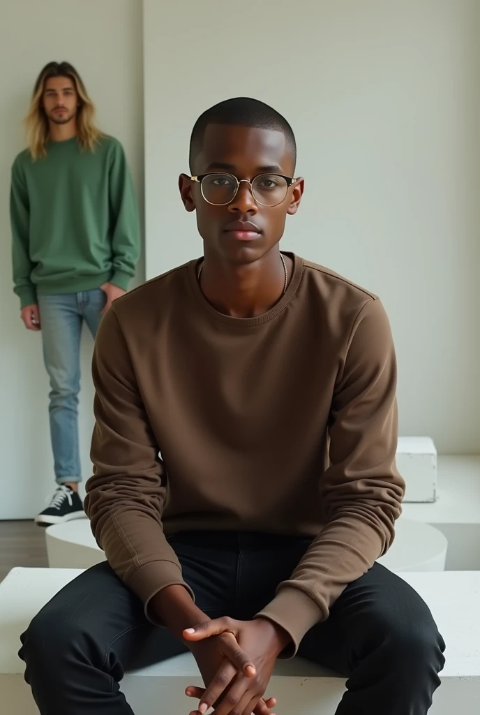 best quality:1.4), (ultra-high resolution:1.2), (photoshotrrealista:1.4), (8k, photoshot:1.2), a thin 20 year old, skin black, beardless face, corte de cabelo Buzzcut. thin build. He is wearing a brown long sleeved shirt. He is wearing black jeans. He is wearing clear prescription glasses. He is sitting on a white bench with a seductive look. corte de cabelo Buzzcut. white cap back. a 20 year old. Long straight blonde hair with black highlights. green sweatshirt. light jeans. They are taking a frontal selfie.
