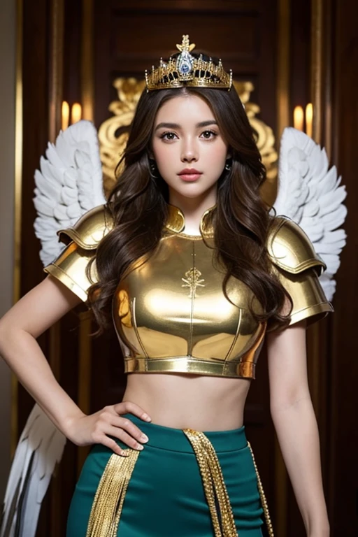 Youngh, brown skin, dark brown hair, wavy hair at the ends, latina americana, Brazilian, americana, green eyes, Green Eye, face perfect, perfectbody, medium breasts, perfect ass, dressed in a royal blue tunic, royal blue mini skirt, angel armor, wings de arcanjo, wings, wings brancas, wings aberta, sword in right hand held up, golden bust, gold armor bust, gold tiara on head