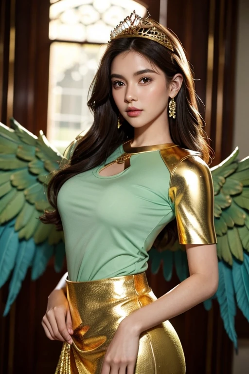 Youngh, brown skin, dark brown hair, wavy hair at the ends, latina americana, Brazilian, americana, green eyes, Green Eye, face perfect, perfectbody, medium breasts, perfect ass, dressed in a royal blue tunic, royal blue mini skirt, angel armor, wings de arcanjo, wings, wings brancas, wings aberta, sword in right hand held up, golden bust, gold armor bust, gold tiara on head