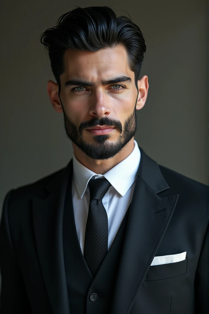 2 man, handsome, pale white skin, black hair, blue eyes, Well-groomed beard, Prominent chin. Elegant suit and tie dress 