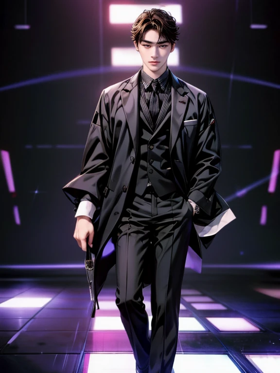 Japanese a young handsome man with dark hair wearing a black business suit,